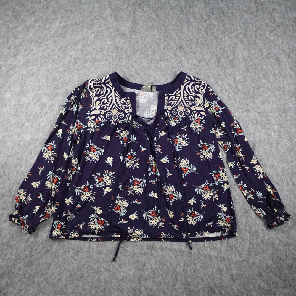 One September Top Women Small Navy Blue Floral Embroidered Lace Up Boho Anthro